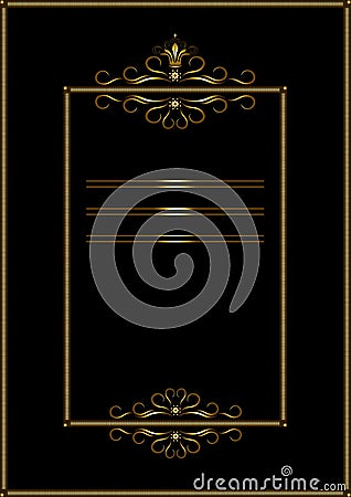 Gold rectangular frame of strokes, with a pattern of gold calligraphic curves and curls with crown and cross on a black background Vector Illustration