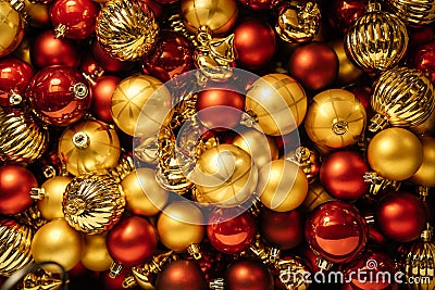 Gold and red balls decoration Christmas tree pattern. Christmas bright minimalistic Stock Photo