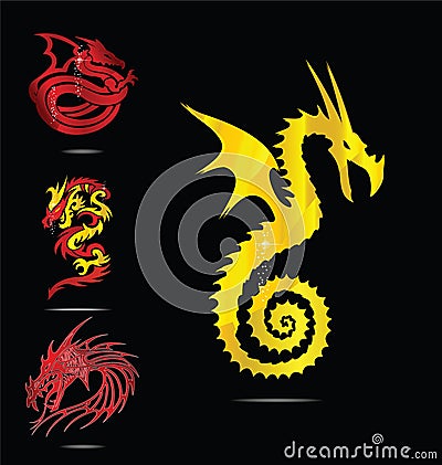 Gold and red dragons emblems set Vector Illustration