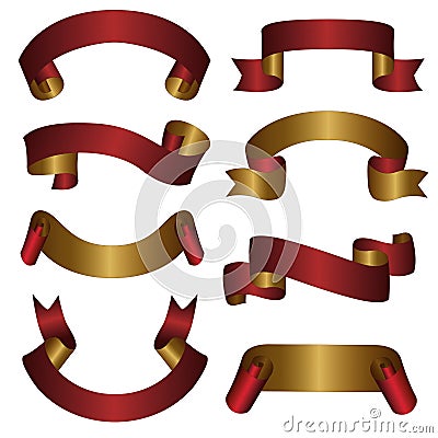 Gold red ribbon banner collection set Vector Illustration