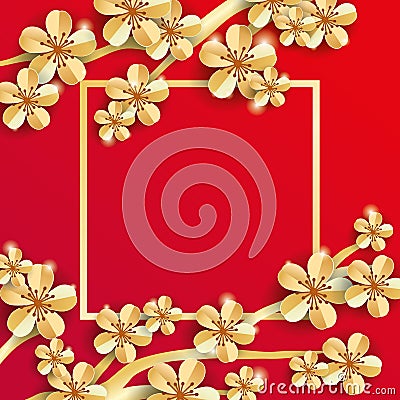 Gold red sakura flower banner Vector Illustration