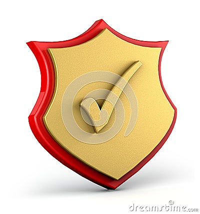 Gold and red shield with golden check mark on white background. Shield security 3d render. Stock Photo