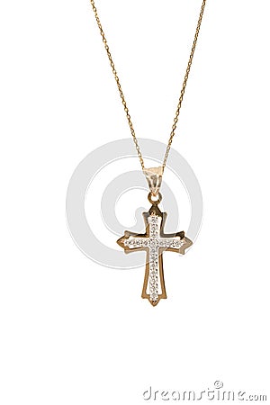 Gold religious cross at chain, isolated on a white background Best jewelry pendant and earrings set. Jewelry composition. Symbol Stock Photo