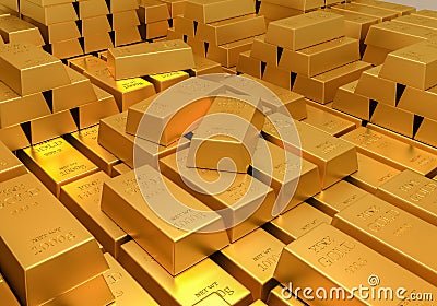 Gold reserves. Banking concept. Many shiny gold bars. 3D rendered illustration Stock Photo
