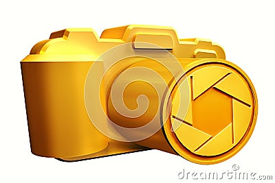 Gold Retro film photo camera isolated on white background. Gold winners award. DSLR digital single lens reflex camera with zoom Stock Photo