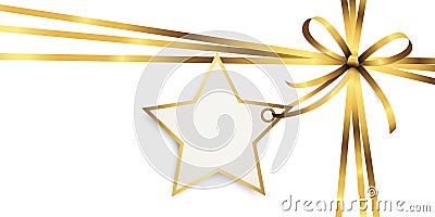 gold ribbon bow with christmas star hang tag Vector Illustration