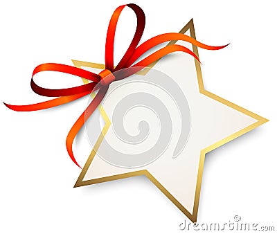 gold ribbon bow with christmas star hang tag Vector Illustration