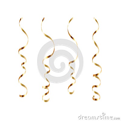 Gold ribbon serpentine set. Golden curly ribbon isolated white background. Decoration for carnival, Christmas party Vector Illustration