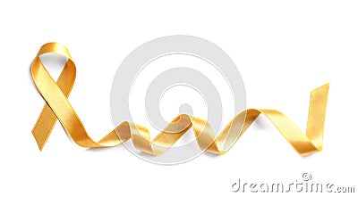 Gold ribbon on white background, top view. Stock Photo