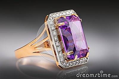Gold ring with a large amethyst and cubic zirconias on a gradient background Stock Photo