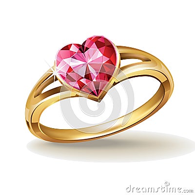 Gold ring with pink heart gemstone Vector Illustration