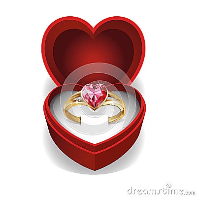 Gold ring with pink heart gemstone. Vector Illustration