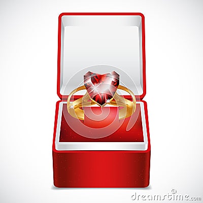 Gold ring with pink heart gemstone in Velvet Box Vector Illustration