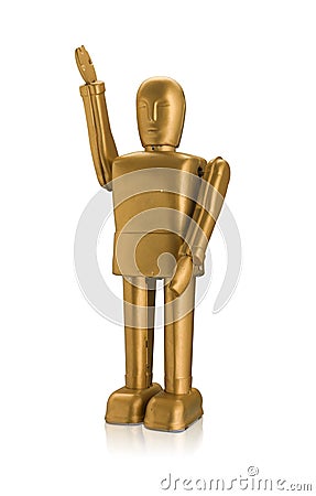 Gold robot waving with reflection isolated Stock Photo