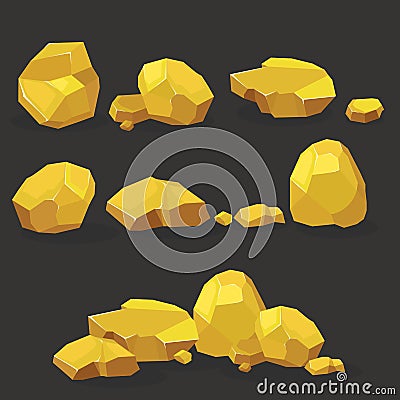 Gold rock,nugget set. Stones single or piled for damage and rubble for game art architecture design Vector Illustration