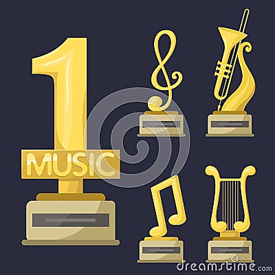 Gold rock star trophy music notes best entertainment win achievement clef and sound shiny golden melody success prize Vector Illustration