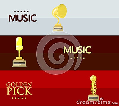 Gold rock star trophy music notes best entertainment win achievement clef and sound shiny golden melody success prize Vector Illustration