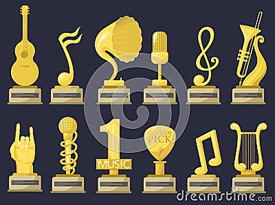 Gold rock star trophy music notes best entertainment win achievement clef and sound shiny golden melody success prize Vector Illustration