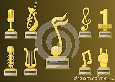 Gold rock star trophy music notes best entertainment win achievement clef and sound shiny golden melody success prize Vector Illustration