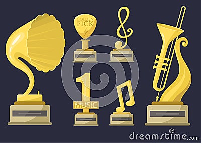 Gold rock star trophy music notes best entertainment win achievement clef and sound shiny golden yellow melody success Vector Illustration