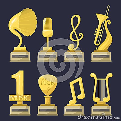 Gold rock star trophy music notes best entertainment win achievement clef and sound shiny golden yellow melody success Vector Illustration