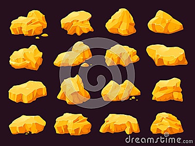 Gold rock stones. Game stone mine elements, golden nugget pile. Isolated gem collection, cartoon shining gemstones Vector Illustration