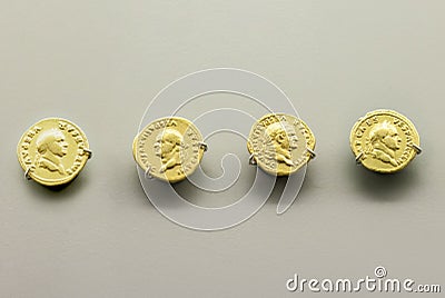 Gold Roman Imperial coins bearing the bust of Emperor Vespasian Editorial Stock Photo