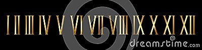 Gold roman numerals black background set. Elegant ancient number font 1 to 12 old luxury math for templates. Vector Illustration