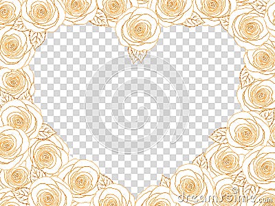 Gold Rose Heart Photo Frame. Floral Top View Flat Lay Picture Border. Elegant Golden Shiny Contour Lines Roses. Vector Illustration