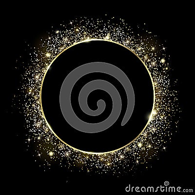 Gold round frame and Glitter. Glowing particles Vector Illustration