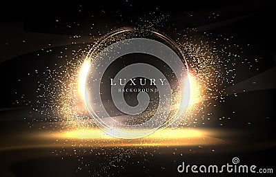 Gold round frame, small tinsel on a relief dark background Vector Illustration