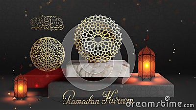 Gold round islamic pattern on marble stage. 3d greeting card design for Ramadan Kereem. Vector islamic lantern design Vector Illustration