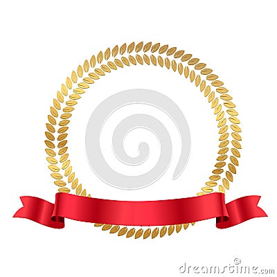 Gold round laurel wreath and red ribbon for winner, 3d golden circular border of leaves Vector Illustration