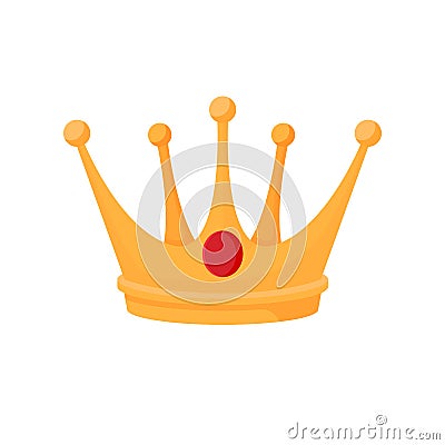Gold royal crown. Luxurious yellow headdress kings with red sapphire in center. Vector Illustration