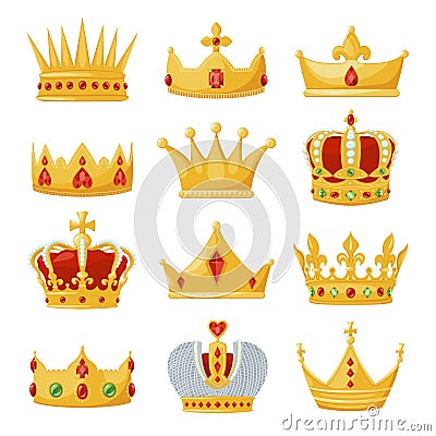Gold royal crowns set, monarchy and authority symbol Vector Illustration