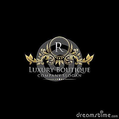Gold Royal Luxury Boutique R Letter Logo. Stock Photo
