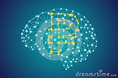 Gold ruble money icon sign on polygonal low poly plexus human brain background Vector Illustration