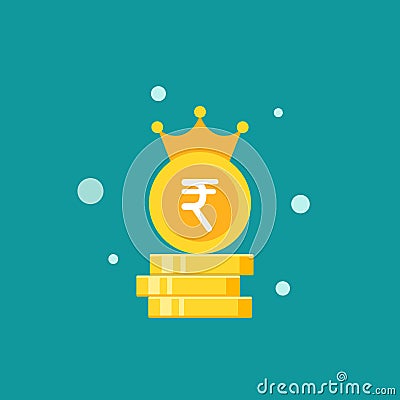 Gold rupee coin with royal crown. Flat icon isolated on blue background Cartoon Illustration