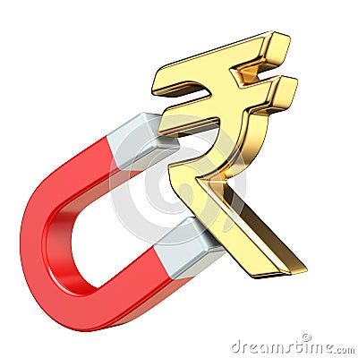 Gold RUPEE currency sign on red magnet 3D Cartoon Illustration