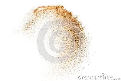 Gold sand explosion isolated on white background. Stock Photo