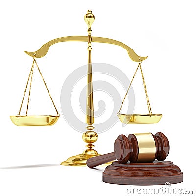 Gold scales and auction hammer Stock Photo