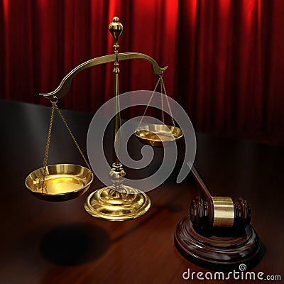 Gold scales and auction hammer Stock Photo