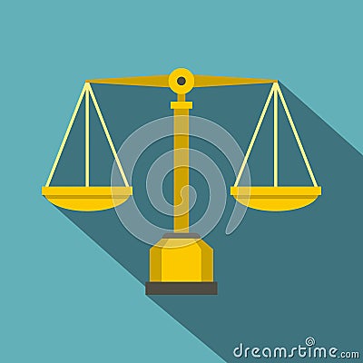Gold scales of justice icon, flat style Vector Illustration