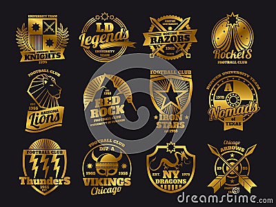 Gold school emblems, college athletic teams sports labels isolated on black background Vector Illustration