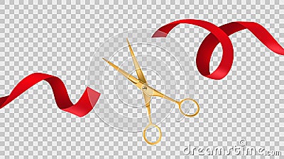 Gold scissors cut red ribbon. Grand opening ceremony, ceremonial celebration, big official open, new beginning Vector Illustration