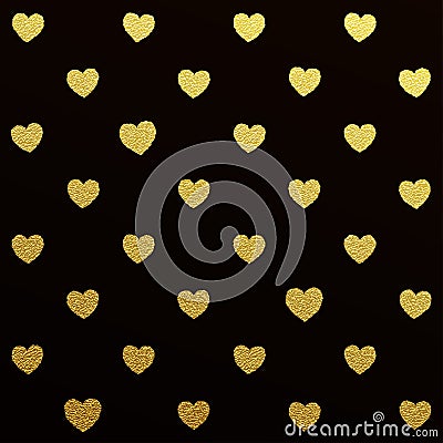 Gold seamless pattern of hearts on black background Vector Illustration