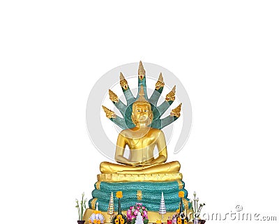 Gold seated buddha protected by the hood of the mythical serpent Naga isolated on white background , clipping path Stock Photo