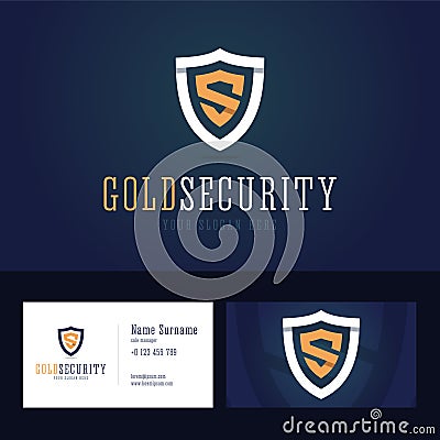 Gold security logo and business card template. Vector Illustration