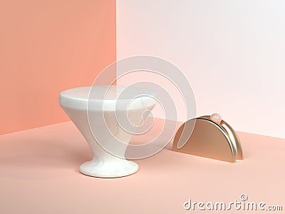 Gold semi circle pink/orange/cream minimal scene wall corner abstract geometric shape white marble cone shape gold semicircle 3d r Stock Photo