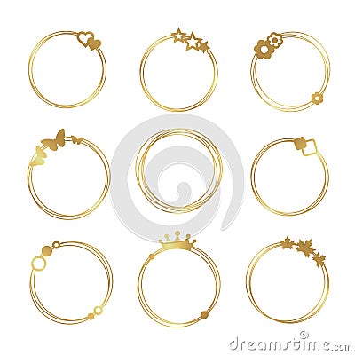 Gold set of vector graphic circle frames. Wreaths for design, logo template. Vector Illustration